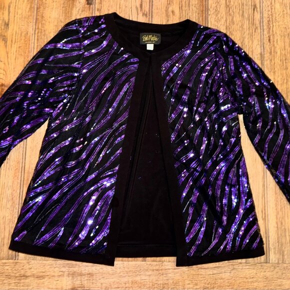 Vintage Bob Mackie Wearable Art Sequin Jacket Small | Purple & Black Zebra Glam - Picture 2 of 14